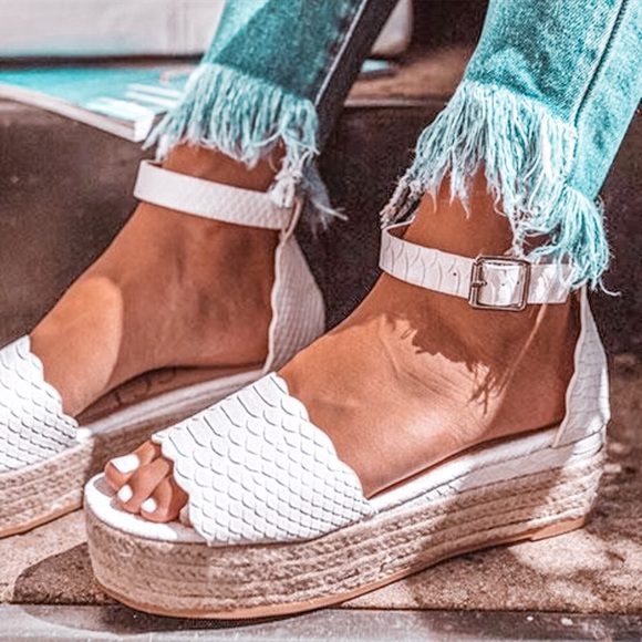 Shoes - Textured Snake Flatform Ankle Strap Espadrilles